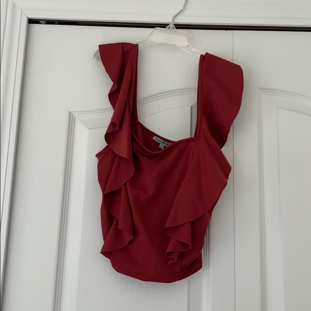Burnt red crop top with ruffles on the side